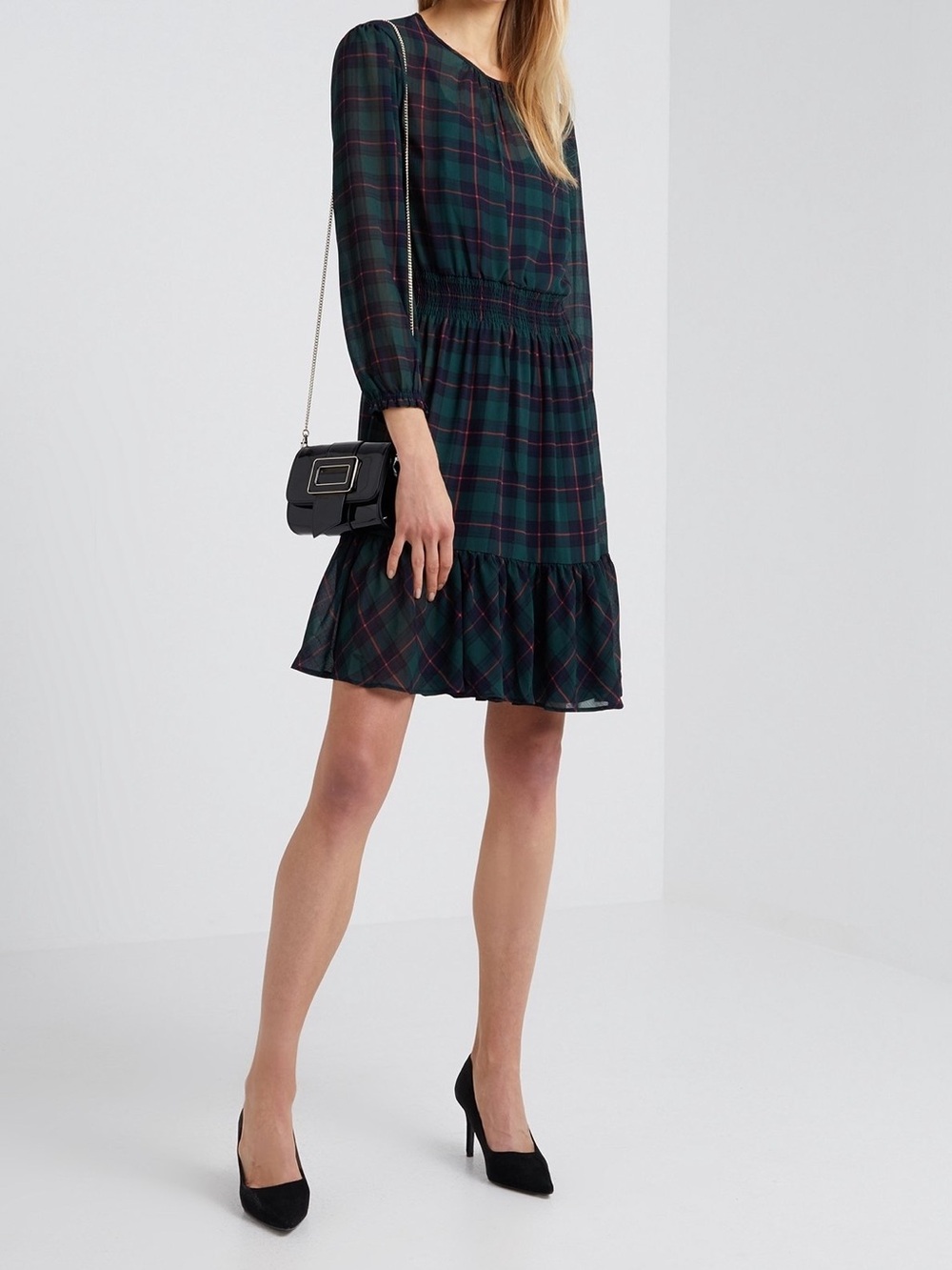 J Crew Plaid Tartan Semi Sheer Green Smocked Ruffle Hem Dress